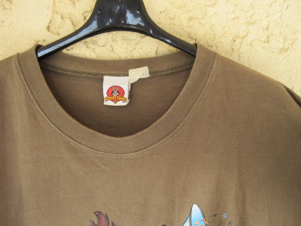 T-shirt LOONEY TUNES TAZ vintage kaki IT'S TIME TO GET UP ancien coton XL - Photo 3/4