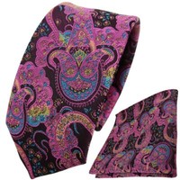 Schmale Tigertie Krawatte + Einstecktuch Lila Rosa TüRkis Paisley