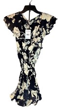 Free People French Quarter Black Cream Floral wrap Ruffle Mini dress size M, NWT