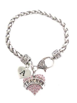 Custom Pink Crystal Teacher Heart Silver Bracelet Jewelry Choose Initial All 26