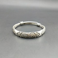 Rare 1Pcs Old Miao Silver Bracelet Carved Flower Men's Bracelet Bangle FU
