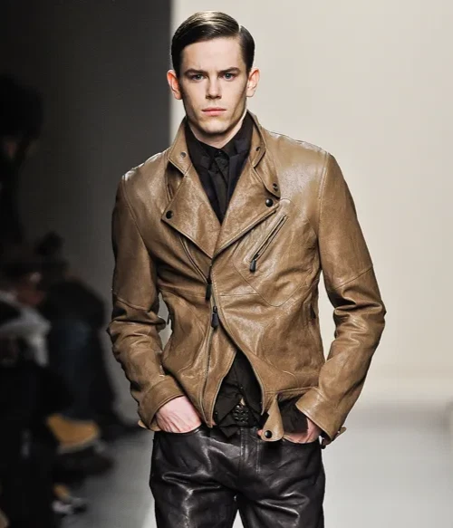 Bottega Veneta — BOTTEGA VENETA Men's 2011 Runway Taupe Leather Motorcycle Jacket, IT 46 / US 36