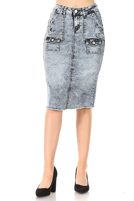 Women's Juniors/Plus Size Ripped Middle Length Pencil Stretch Denim Skirt