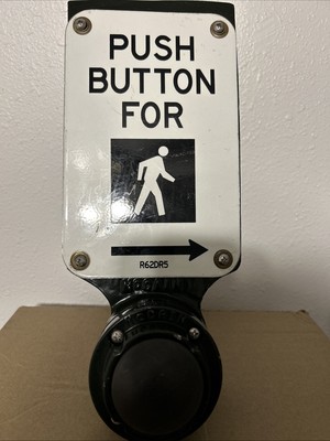 VINTAGE RETIRED CROSSWALK PEDESTRIAN PUSH BUTTON PORCELAIN SIGN. MC CAIN
