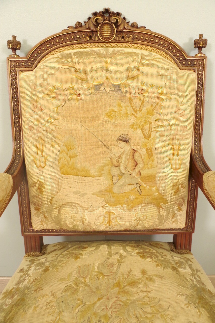 Four Louis XVI style armchairs upholstered in petit point tapestry thumbnail 12