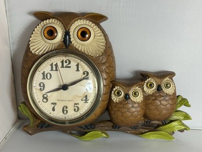 VTG 1972 Burwood New Haven Owl Family Wall Clock 0457-1 MCM Tested Works Retro