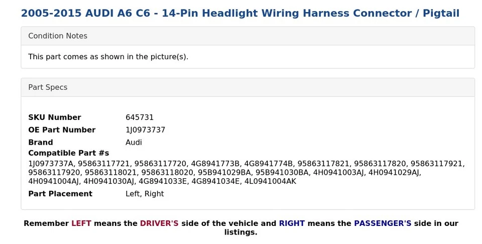 AUDI A6 C6 2005-2015 - Conector de arnés de cableado de faros de 14 pines / coleta Foto 4 de 4