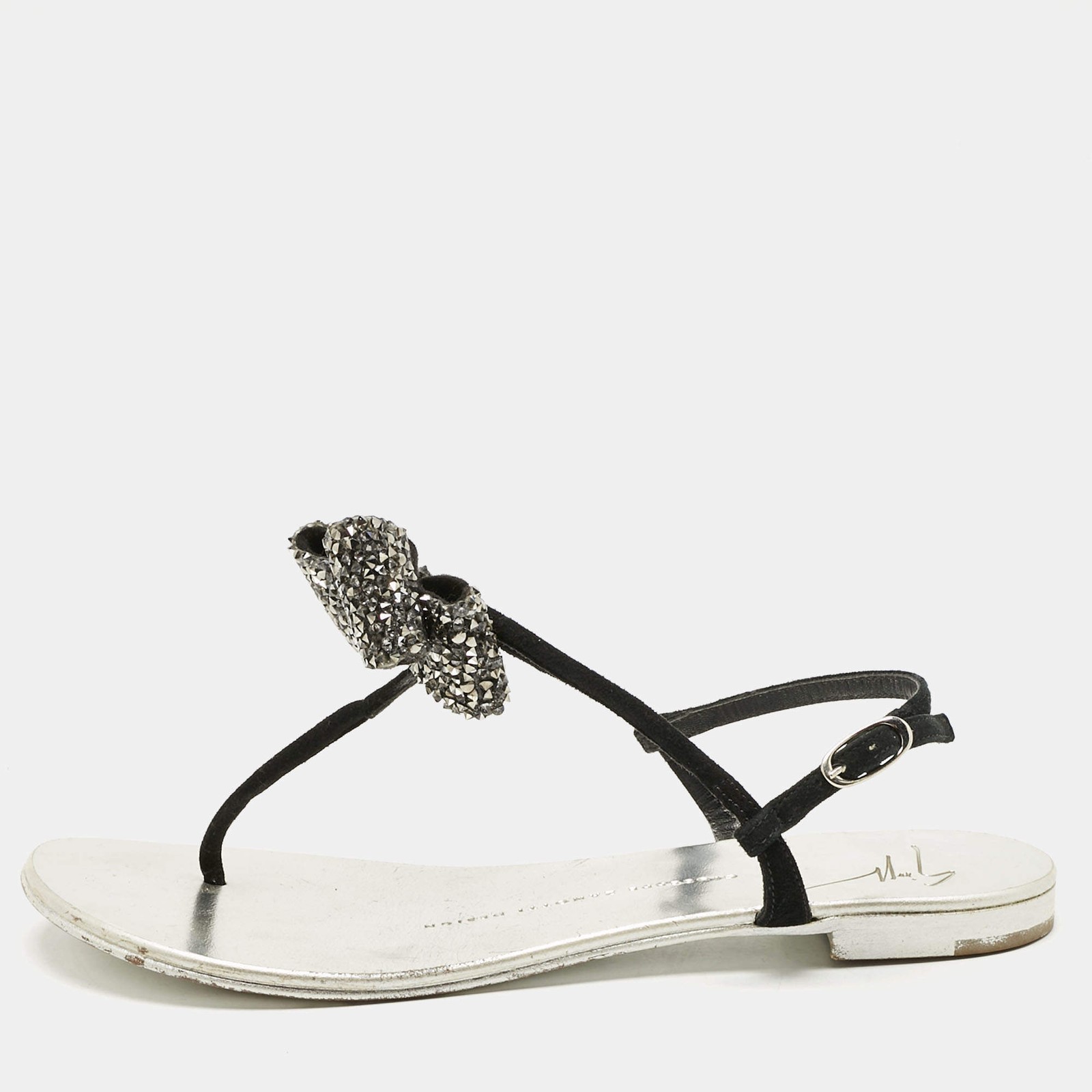 Giuseppe Zanotti Black Suede Crystal Bow Thong Flat Sandals Size 36