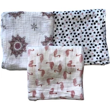 Aden Anais Swaddle Blanket Lot Girl 3pc Swan Black Pink Polka Dot Cotton Mandala