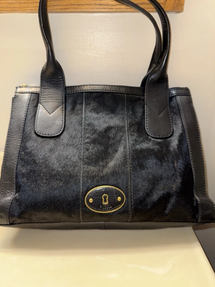 Fossil Vintage Black Lock & Key Calf Hair Leather Top Zip Satchel Handbag Purse - Imagem 2 de 4