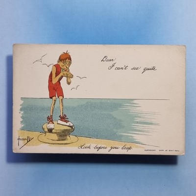 Comic Postkarte um 1910 kurzsichtige Schwimmerbrille schau bevor du springst Hassall