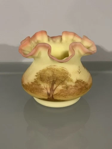 Vintage Fenton Burmese Uranium Glass Ruffled Vase Handpainted Artist Gloria Finn
