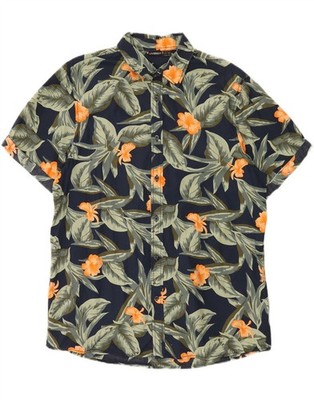 LIVERGY Mens Short Sleeve Shirt Size 16 1/2 Large Navy Blue Floral Cotton CZ07