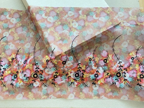 Floral Embroidered Lace Trim with colorful Mesh Base/Sewing/Dolls/Craft/7" Wide - Picture 2 of 19