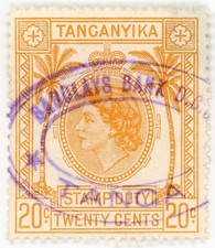 (I.B) KUT Revenue : Tanganyika Stamp Duty 20c (1954)