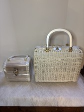 White WICKER PEARL Miami Purse Lucite Handles brass Stylecraft 50's Vintage 2