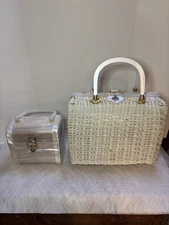 *White WICKER & PEARL Miami Purse Lucite Handles brass Stylecraft 50's Vintage 2