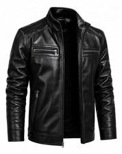 Men's Genuine Leather Biker Jacket Black Stand Collar Motorcycle Zip Coat