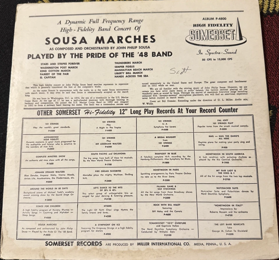 John Philip Sousa (vinyl LP 1958) Somerset P-4800 The Pride of 48' MARCHES 33RPM - Image 2 of 4