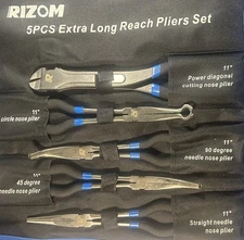 5-Piece 11 Inch Long Needle Nose Pliers Set, Extra Long Reach And Bent Nose NEW