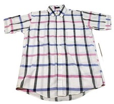 Vintage Manhattan Button Up Shirt Mens M White Check Short Sleeve Single Needle