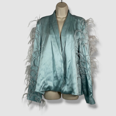 Lapointe Women's Blue Double Satin Feather Trim Open-Front Blazer Jacket Size L
