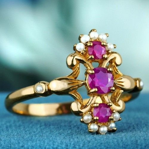 9K Gold Natural Ruby and Pearl Vintage Style Three Stone Ring
