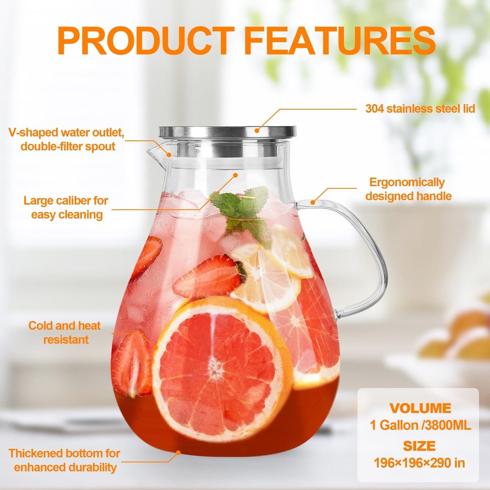 Glass Pitcher with Lid,1 Gallon Glass Water Pitcher Hot/Cold Water Jug