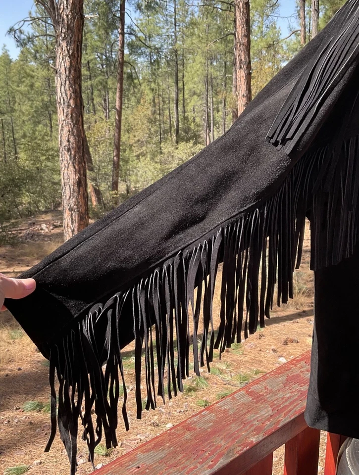 Chaqueta Vaquera Vintage Para Mujer Cuero Flecos Negra S Contempo Informal ¡RARA!! Foto 3 de 4