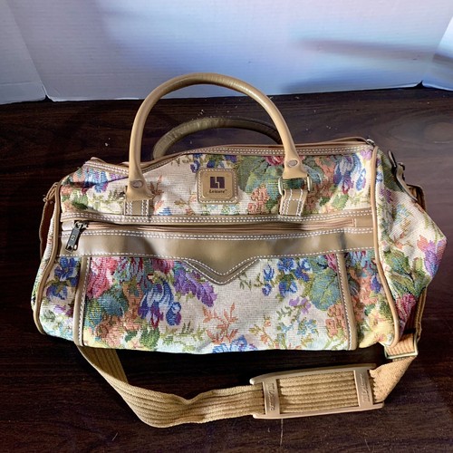 Vintage 80s Leisure Luggage Tapestry Beige Floral Carry On Suitcase Bag Tan Trim