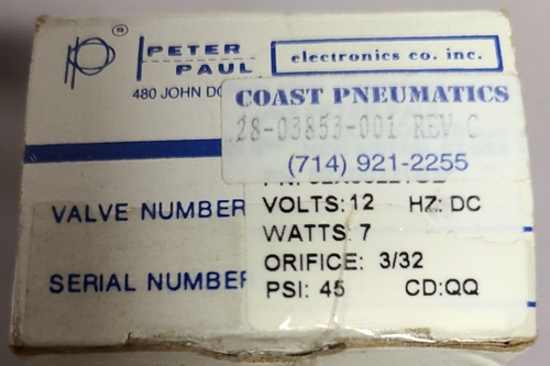 Peter Paul Solenoid Valve 52X00221GB 12 Volts DC 7 Watts 3/32 Orifice 45PSI - Picture 3 of 6