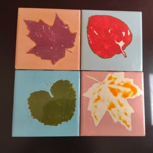 4 Vintage Fall Leaf Red Abstract Studio Art Hand-painted Tile Wall Decor Marked 