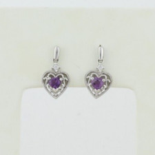 Sterling Silver Natural Purple Amethyst Heart  Cubic Zirconia Earrings Dangle