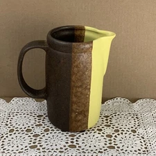 Vtg McCoy Lancaster Pitcher 1970s Yellow Brown Stripes Stoneware 7" T x 3.5" D