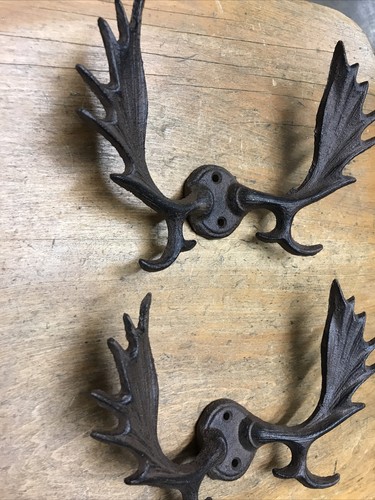 2 Cast Iron Antique Style Rustic Lg Antler Rack Coat Hooks Hat Hook Rack Towel - Picture 2 of 6
