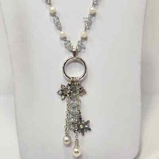Holiday Christmas Silver Tone Snowflake Necklace Dangle Charms Rhinestone Beaded