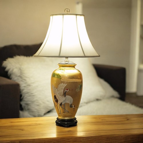 US Seller - Gold Leaf Longevity Cranes Motif Chinese Ceramic Lamp - Picture 3 of 3