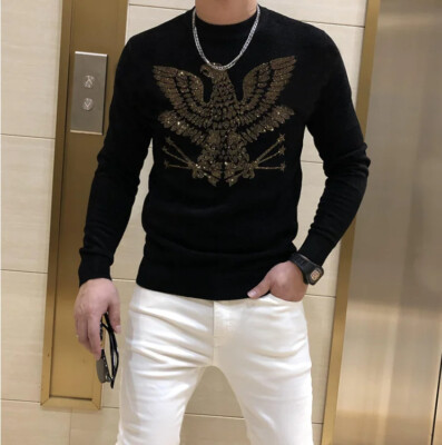 New Men Luxury Diamond Eagle Rhinestones Fashion Knitted Black Sweater