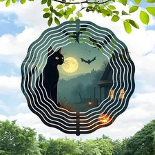 3D Metal Hanging Wind Spinners - Halloween Themed Cat & Moon Design Wind Chimes