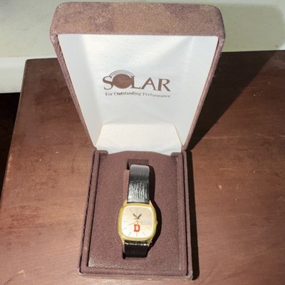 SOLAR Analog Day/Date Wristwatch Black Leather Strap Gold Case White Dial Box