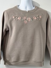 Women's Medium Embroidered Floral Sweatshirt Brown Crewneck