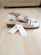 M&S White Leather Sandals Ankle Strap Size 6.5 Wide Fit  Block Heel T bar strap 