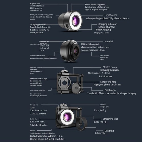 Tragbares 120X Handy Mikroskop mit LED für iPhone und für Android Nutzer