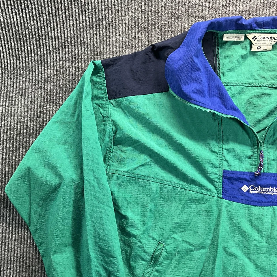 Chaqueta cortavientos vintage Columbia para hombre mediana verde azul cuarto cremallera anorak Foto 4 de 4