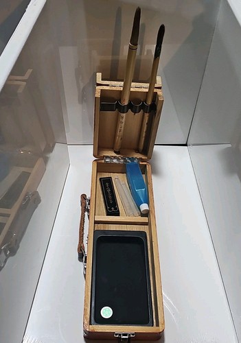 Vintage Japanese Calligraphy Set Wood Box Brushes Ink Stone Suzuri Stone Japan