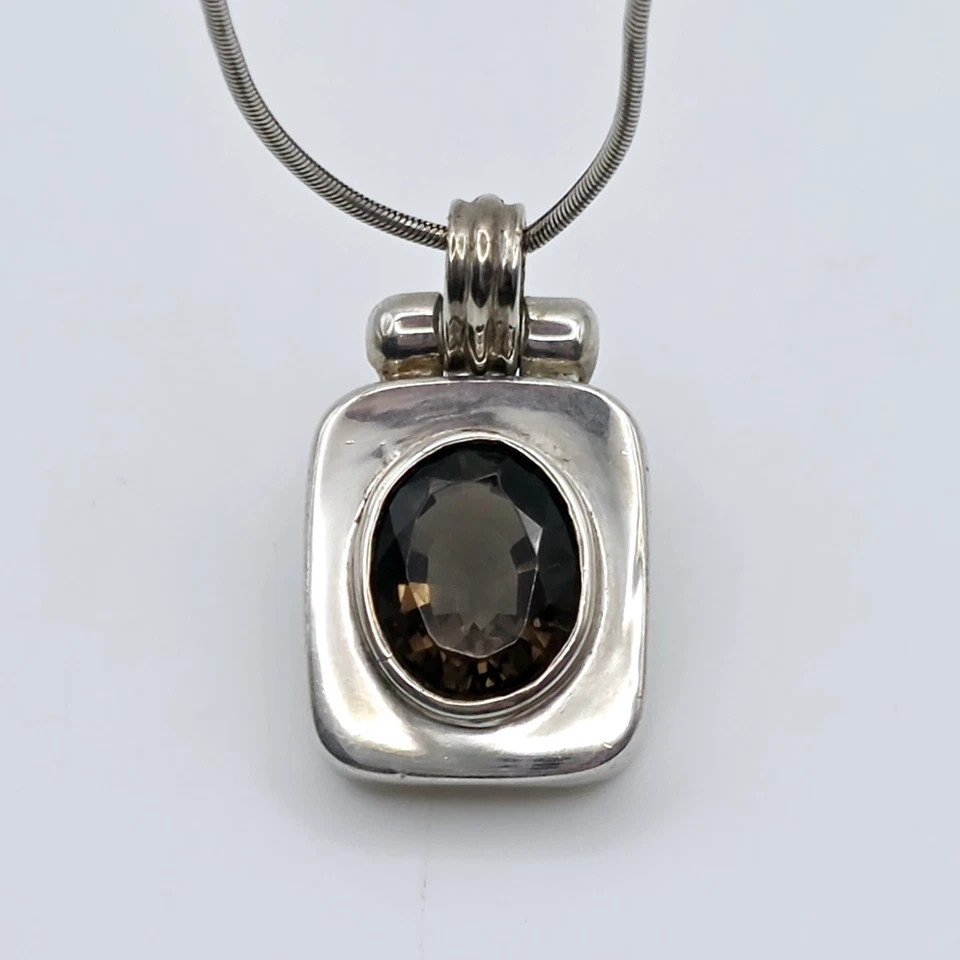 Collar Colgante Cuadrado Cuarzo Ahumado Plata Esterlina Vintage Moderno Nativo  Foto 2 de 4
