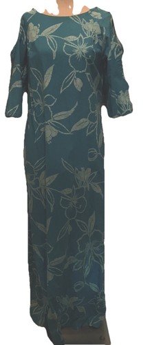 Vintage 1960s 1970s Kapaia Stitchery Hawaiian Maxi Dress Turquoise EC