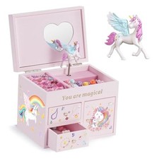 Wooden Jewelry Box with Unicorn for Girls, Musical Children's Jewelry Pink