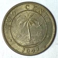 1941 Liberia 2 Two Cents Copper Nickel Coin KM# 12a
