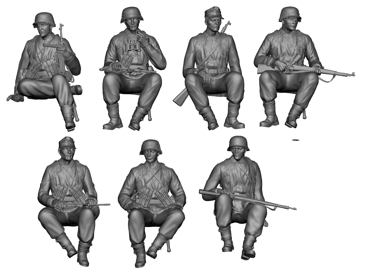  Diorama Miniatures German Soldiers sitting position x7  - - 1/35, 1/72 or 1/32